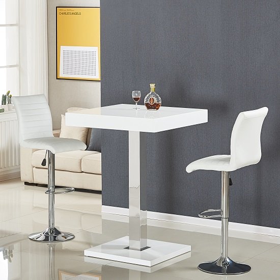 Topaz White High Gloss Bar Table With 2 Ripple White Stools - Cheap ...