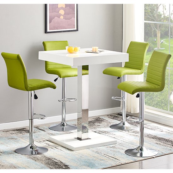 Topaz White High Gloss Bar Table With 4 Ripple Green Stools - Cheap ...