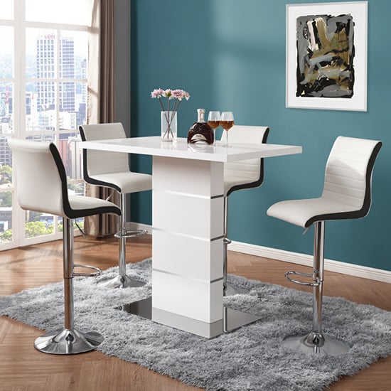 Parini White Gloss Bar Table 4 Ritz White Black Stools