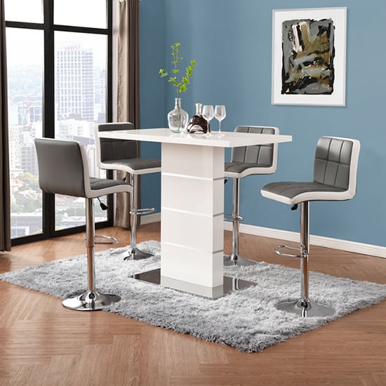 Parini White Gloss Bar Table 4 Copez Grey White Stools