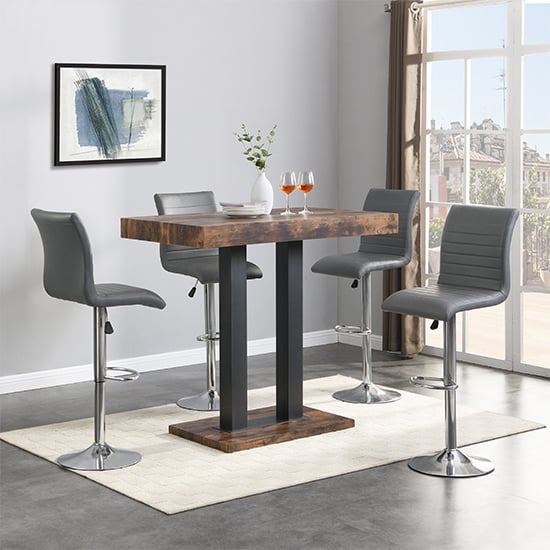 Caprice Smoked Oak Wooden Bar Table Small 4 Ripple Grey Stools