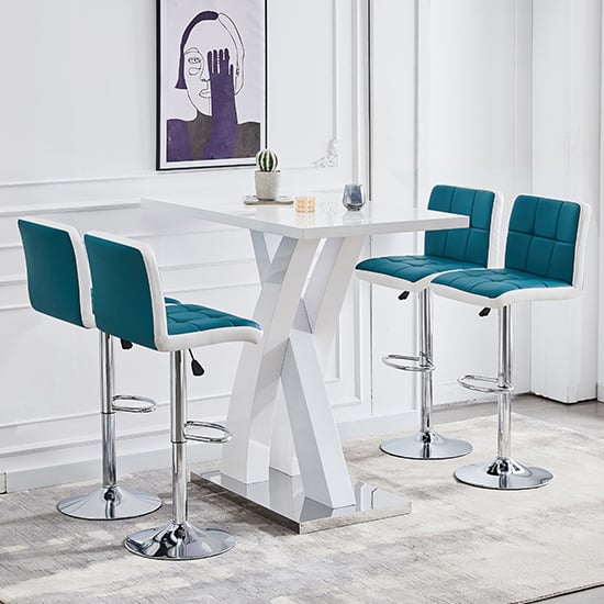 Axara White High Gloss Bar Table With 4 Copez Teal White Stools