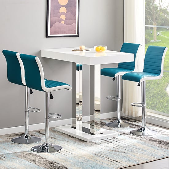 Caprice White High Gloss Bar Table 4 Ritz Teal White Stools