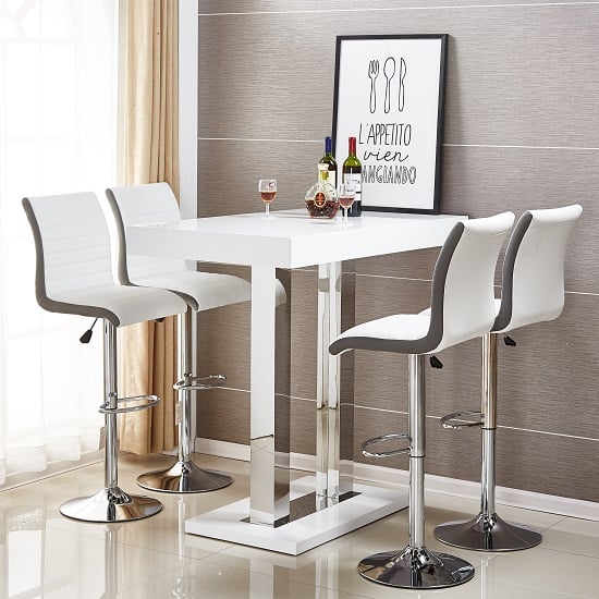 Caprice White High Gloss Bar Table 4 Ritz White Grey Stools