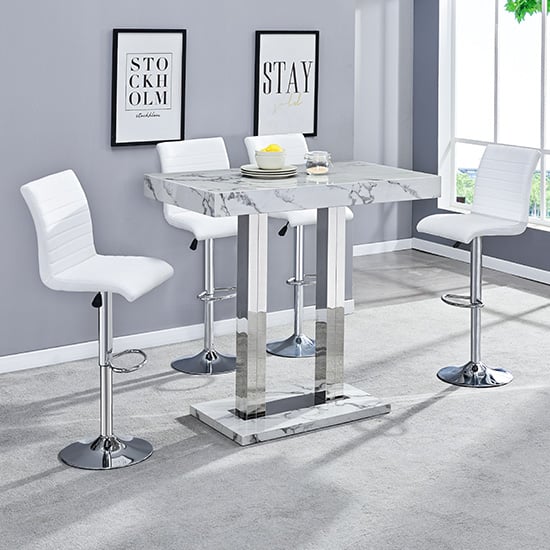 Diva Marble Effect High Gloss Bar Table 4 Ripple White Stools