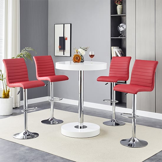 Havana White High Gloss Bar Table With 4 Ripple Bordeaux Stools