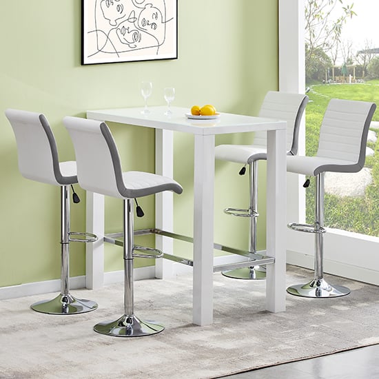 Jam Rectangular Glass White Bar Table 4 Ritz White Grey Stools