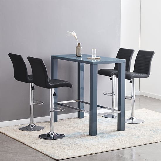 Jam Rectanuglar Glass Grey Bar Table With 4 Ripple Black Stools