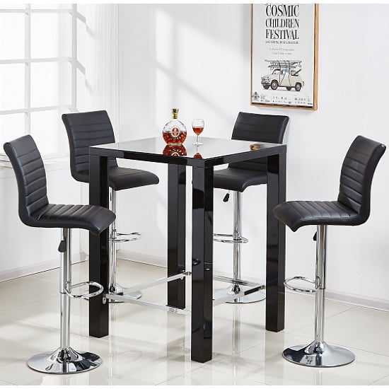 Jam Square Glass Black Gloss Bar Table 4 Ripple Black Stools