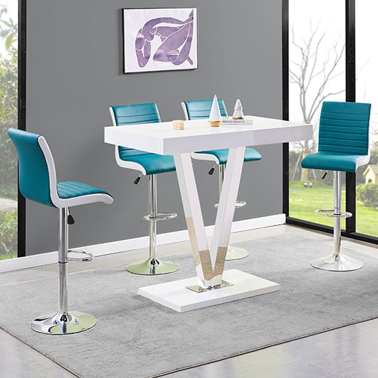 Vienna White High Gloss Bar Table 4 Ritz Teal White Stools