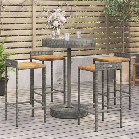 Olivia Solid Wood 5 Piece Garden Bar Set In Grey Poly Rattan