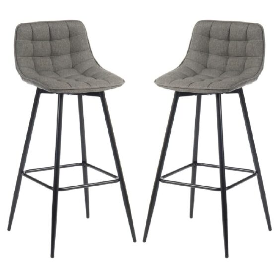 Quebec Grey Fabric Bar Stools With Black Legs In Pair