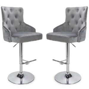 Rivne Grey Velvet Bar Stools With Chrome Base In Pair