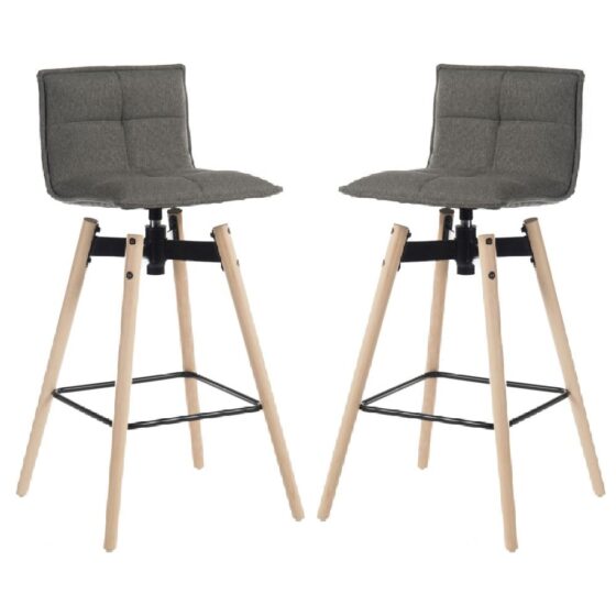 Silvis Grey Fabric Barstools With Light Wooden Legs In Pair