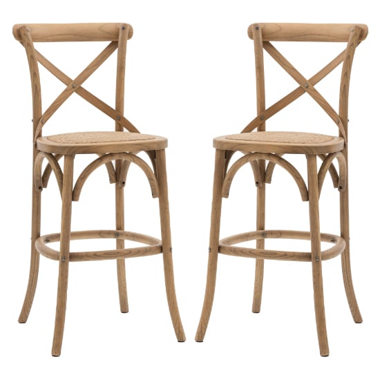 Caria Natural Wooden Bar Stools With Rattan Seat In Pair