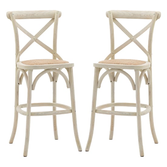 Caria White Wooden Bar Stools With Rattan Seat In Pair