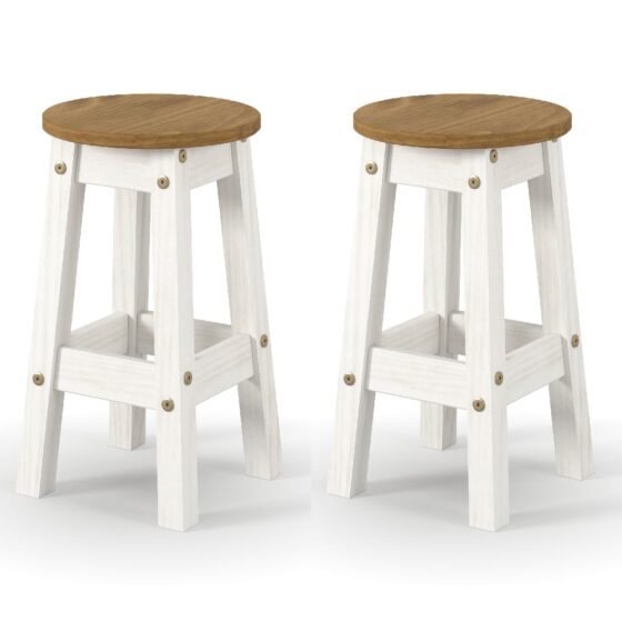 Consett White And Oak Round Wooden Bar Stools In Pair