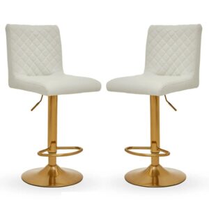 Baino White Leather Bar Chairs With Round Gold Base In A Pair