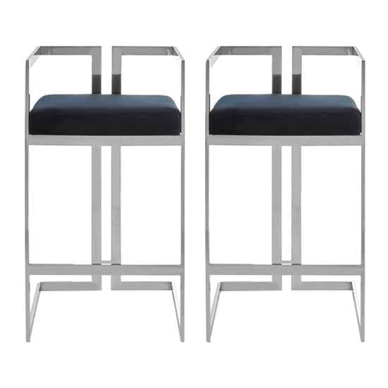 Azaltro Black Velvet Bar Stools With Silver Metalframe In Pair