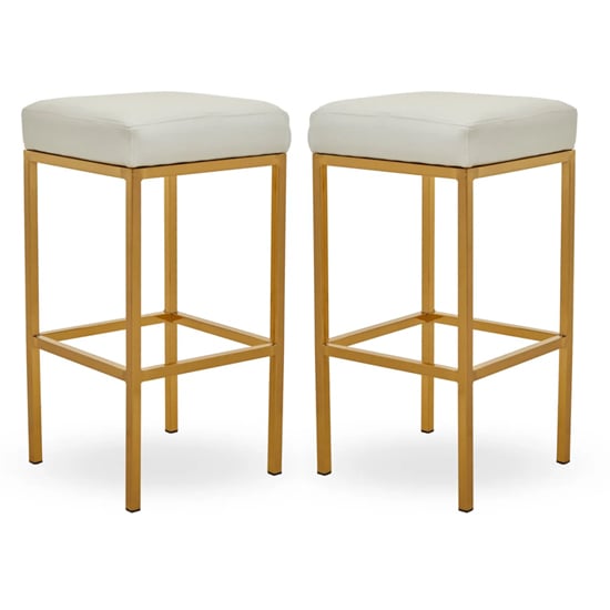 Baino White Leather Bar Stools With Gold Legs In A Pair