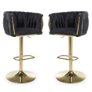 Bangor Black Velvet Bar Stools With Gold Base In Pair