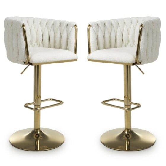 Bangor Cream Fabric Bar Stools With Gold Base In Pair