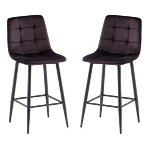 Belva Aubergine Velvet Fabric Counter Bar Stools In Pair