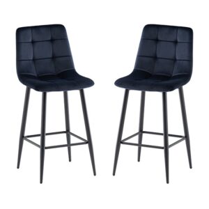 Belva Deep Blue Velvet Fabric Counter Bar Stools In Pair