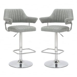 Calais Light Grey Leather Bar Stools With Chrome Base In Pair