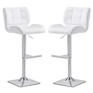 Candid White Faux Leather Bar Stools With Chrome Base In Pair