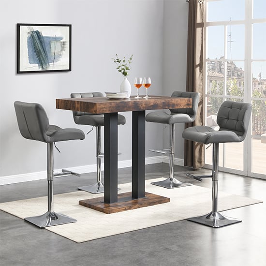 Caprice Small Rustic Oak Wooden Bar Table 4 Candid Grey Stools