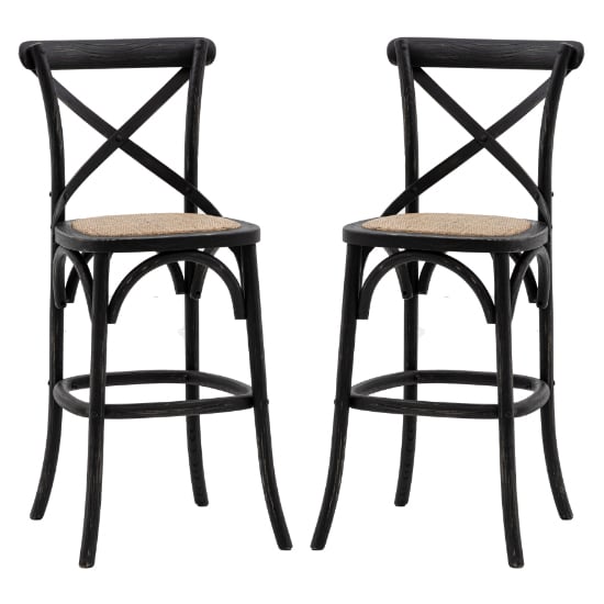 Caria Black Wooden Bar Stools With Rattan Seat In Pair