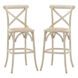 Caria White Wooden Bar Stools With Rattan Seat In Pair