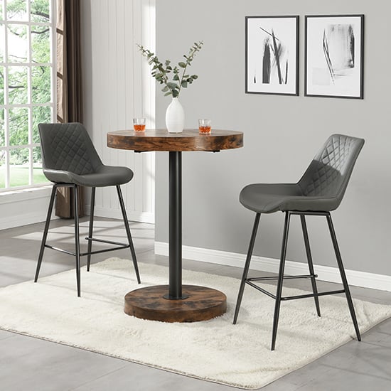 Havana Rustic Oak Wooden Bar Table With 2 Oston Grey Stools