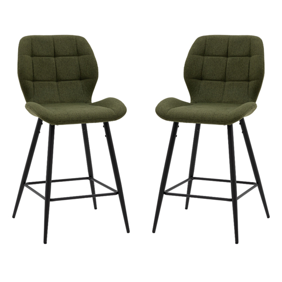 Macerata Bottle Green Fabric Bar Stools With Black Legs In Pair