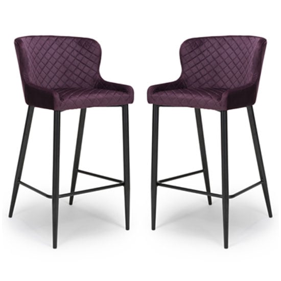 Malmo Mulberry Velvet Fabric Bar Stool With Metal Base In Pair