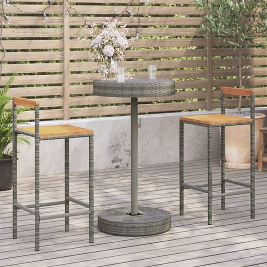 Piper Solid Wood 3 Piece Garden Bar Set In Grey Poly Rattan