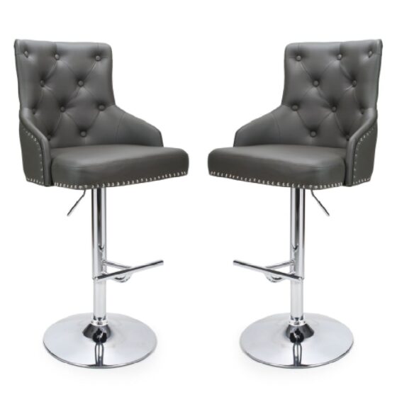 Rivne Graphite Grey Leather Bar Stools With Chrome Base In Pair