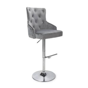 Rivne Velvet Bar Stool With Chrome Base In Grey