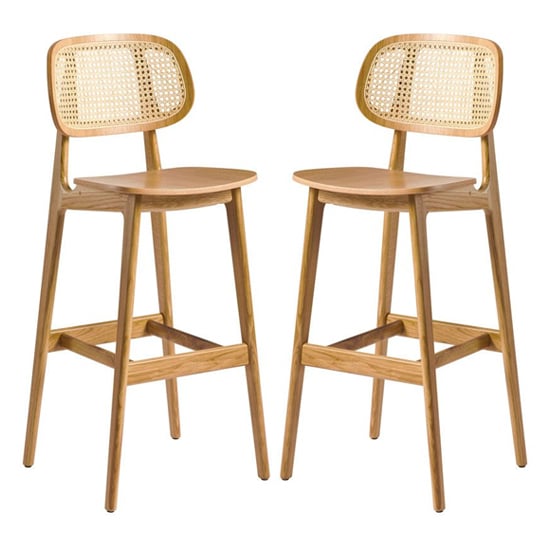 Romney Natural Rattan Natural Oak Wooden Bar Stools In Pair