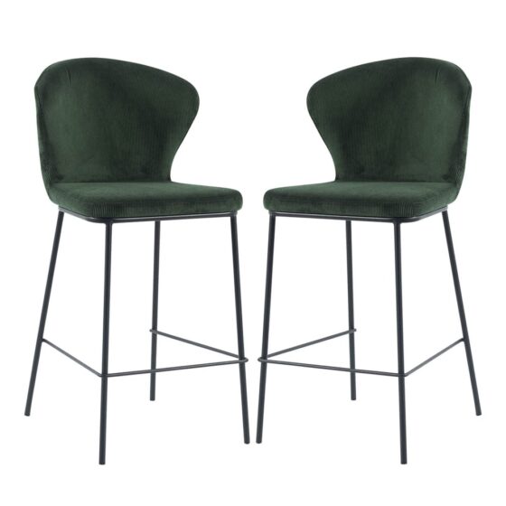 Sarnia Green Corduroy Fabric Counter Bar Stools In Pair