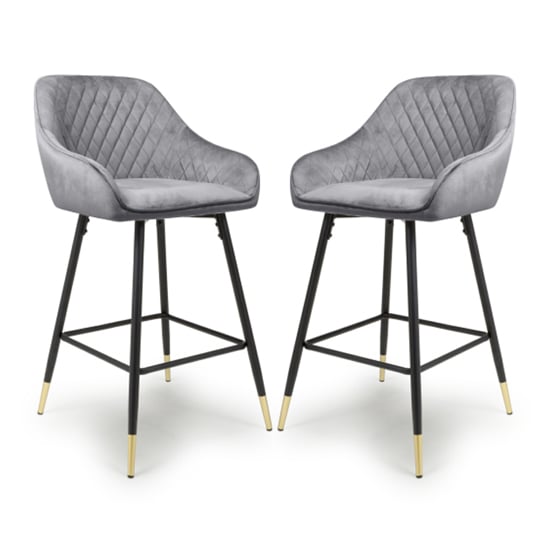 Sedona Grey Velvet Bar Stools With Metal Legs In Pair