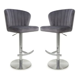 Solvo Grey Velvet Bar Stools With Chrome Base In Pair