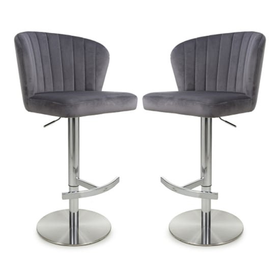 Solvo Grey Velvet Bar Stools With Chrome Base In Pair