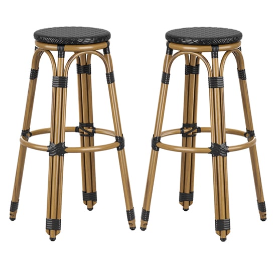 Toller Outdoor Black Aluminium Cane Effect Bar Stools In Pair