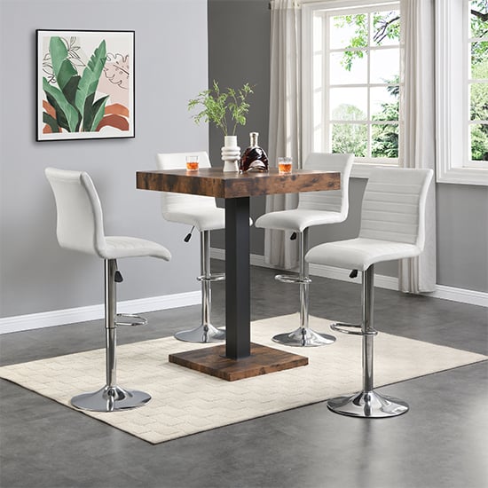 Topaz Rustic Oak Wooden Bar Table With 4 Ripple White Stools