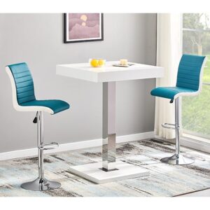 Topaz White High Gloss Bar Table With 2 Ritz Teal White Stools