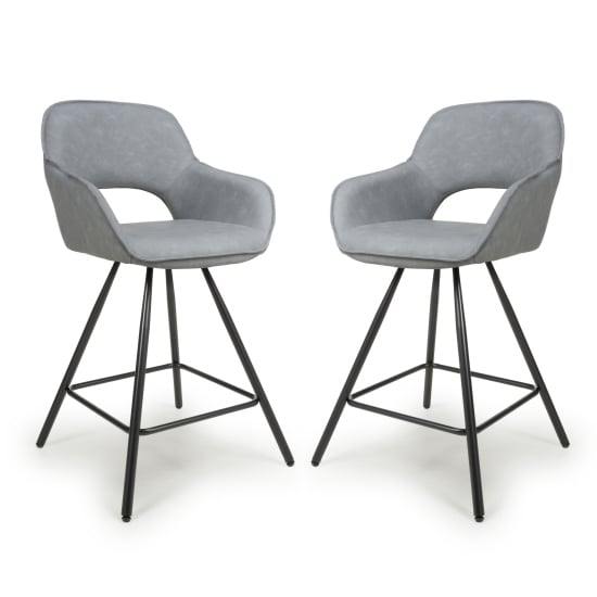 Torun Light Grey Leather Bar Chairs With Black Legs In Pair