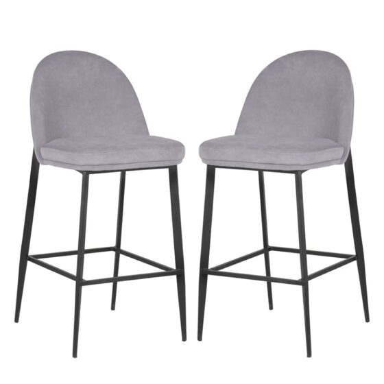 Vacaville Light Grey Velvet Fabric Bar Stools In Pair