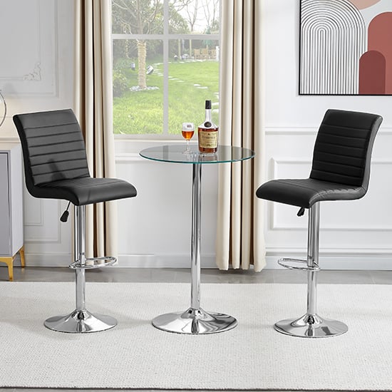 Vetro Round Clear Glass Bar Table With 2 Ripple Black Stools